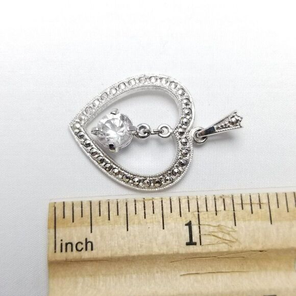 Vintage Sterling Silver Heart Pendant, Rhinestone Charm Center, Marcasite, Theda - Picture 5 of 7